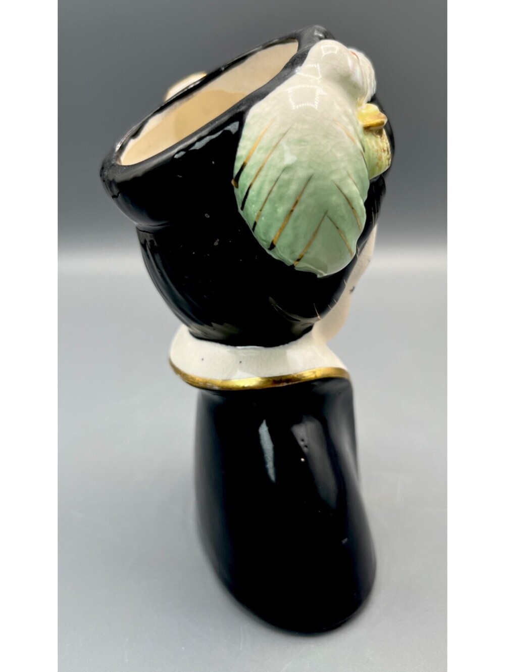 Rare Vintage Japan Geisha Lady Head Vase Black Robe Gold Madame Butterfly MCM - Picture 5 of 11